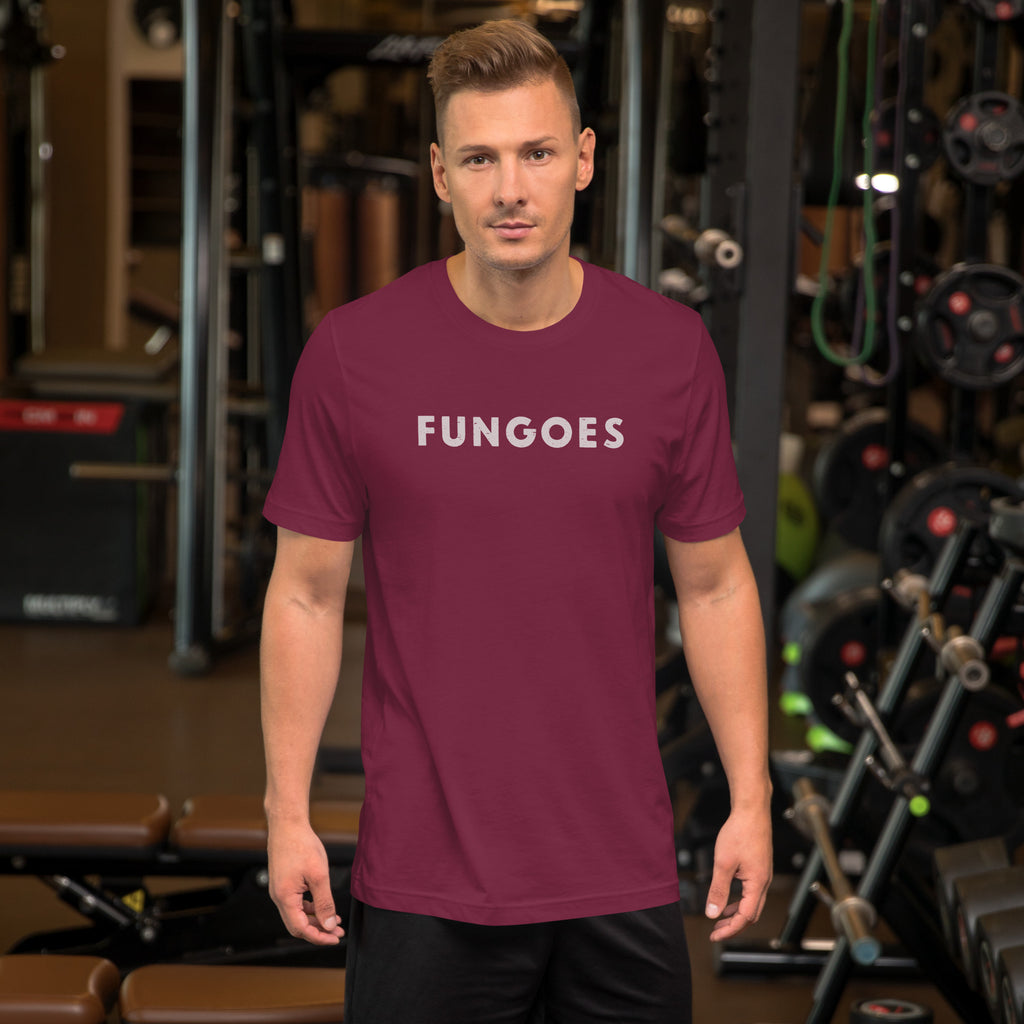 "Fungoes" in simple vintage baseball lettering, printed on a SodaPop Cool t-shirt.