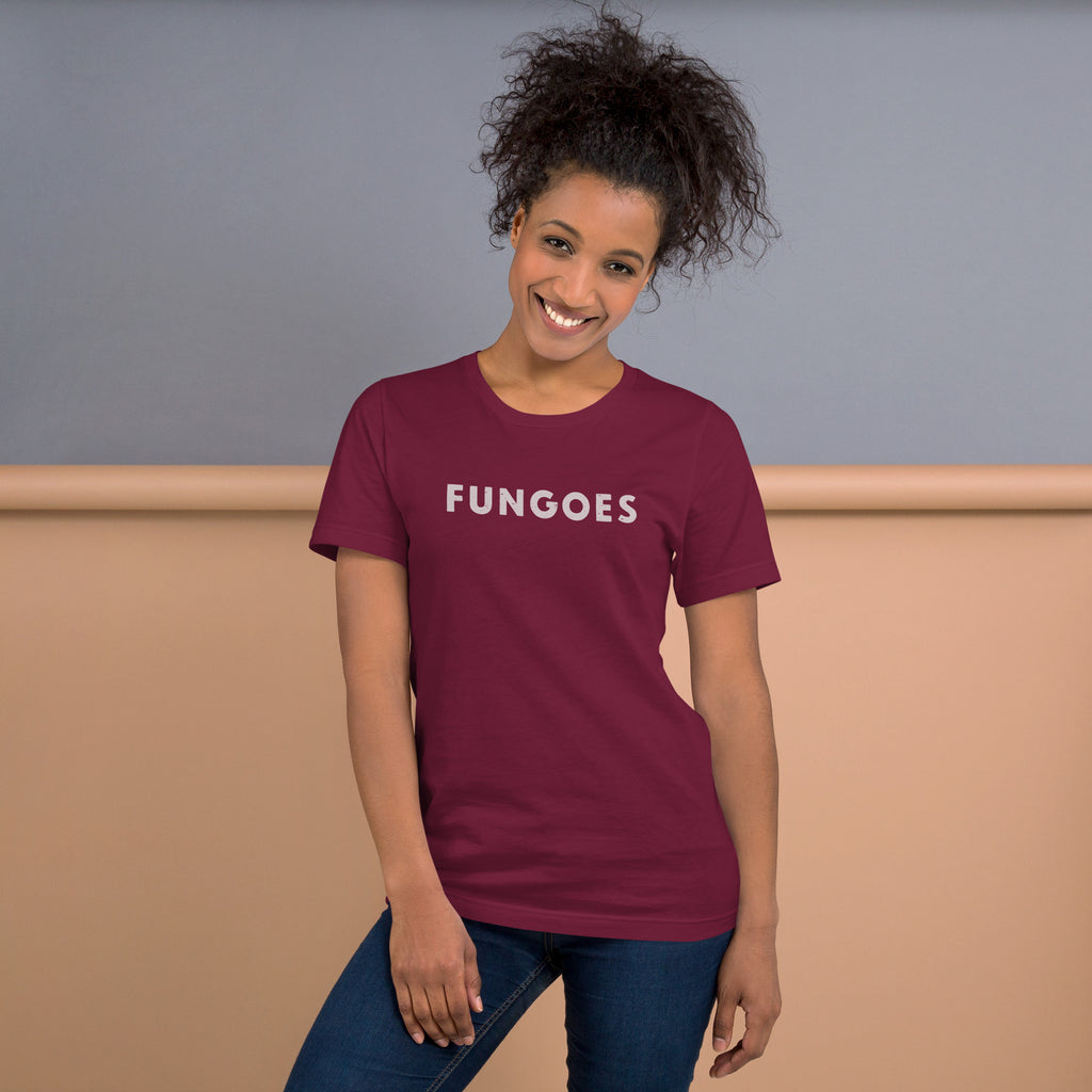 "Fungoes" in simple vintage baseball lettering, printed on a SodaPop Cool t-shirt.