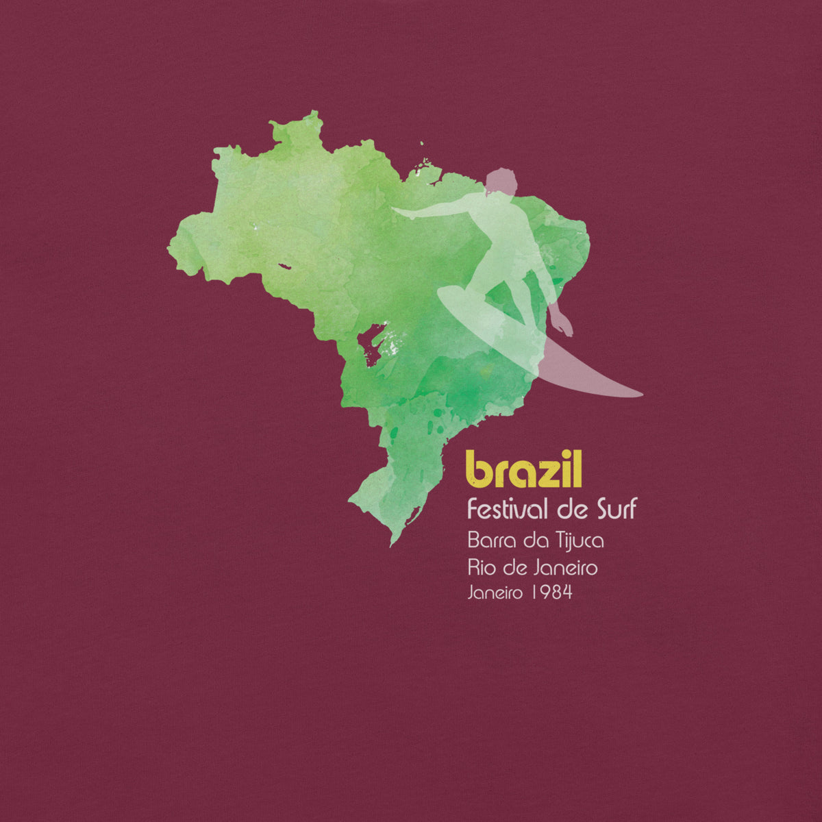 Brazil country outline with a surfer figure and "1984", vintage surf festival poster styling, printed on a SodaPop Cool t-shirt.