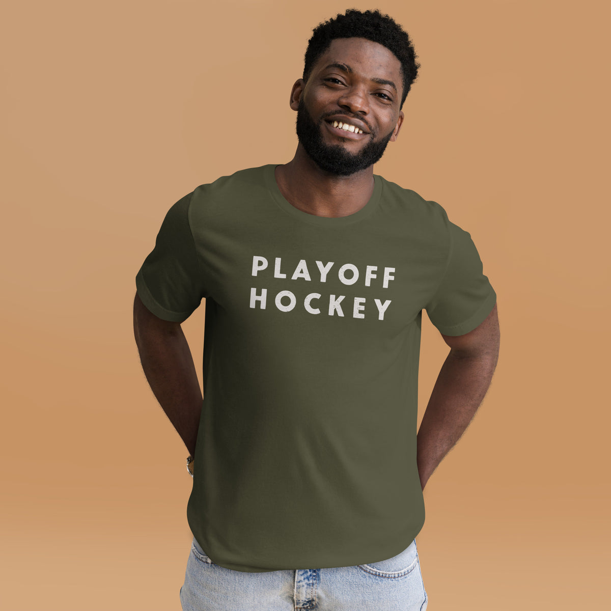 "Playoff Hockey" in simple retro athletic lettering, printed on a SodaPop Cool t-shirt.