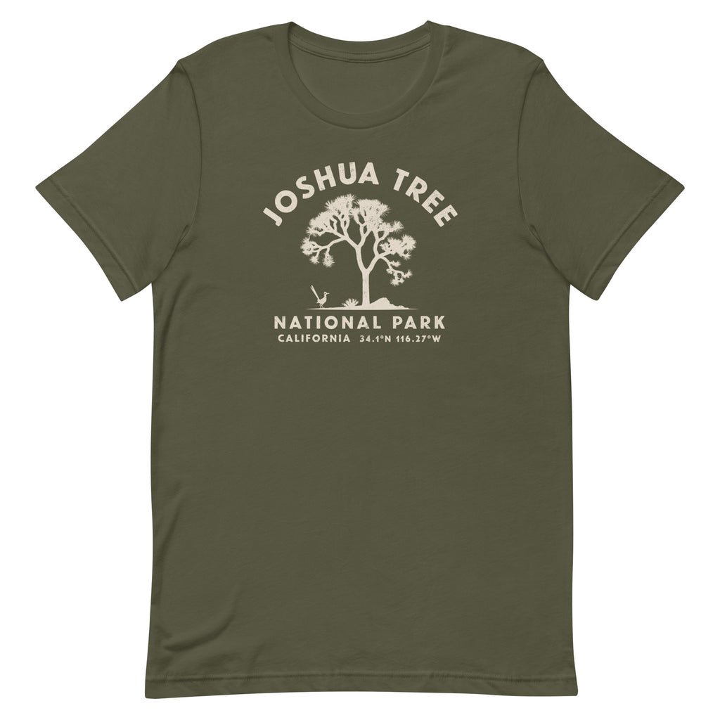 Joshua tree and a desert bird in classic national park styling, printed on a SodaPop Cool t-shirt.