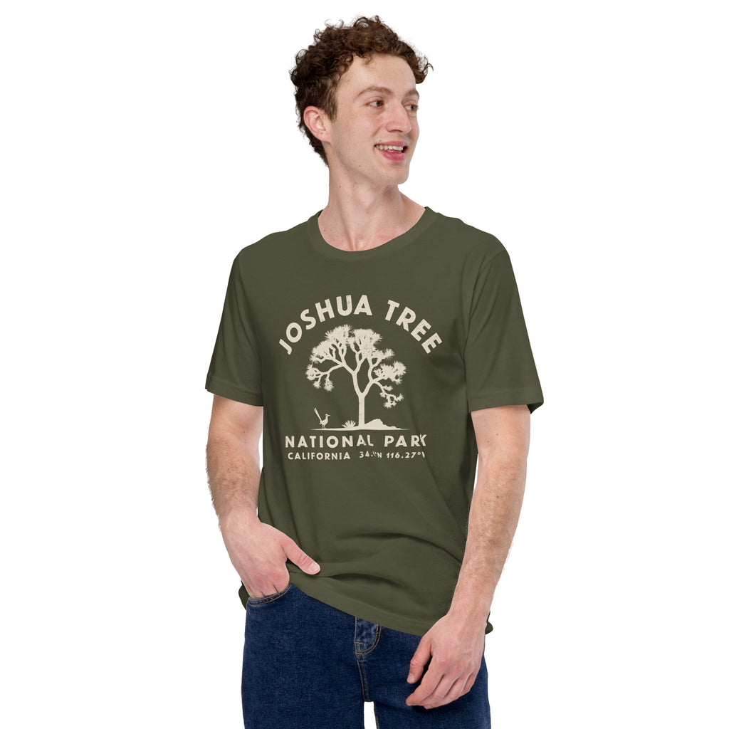 Joshua tree and a desert bird in classic national park styling, printed on a SodaPop Cool t-shirt.