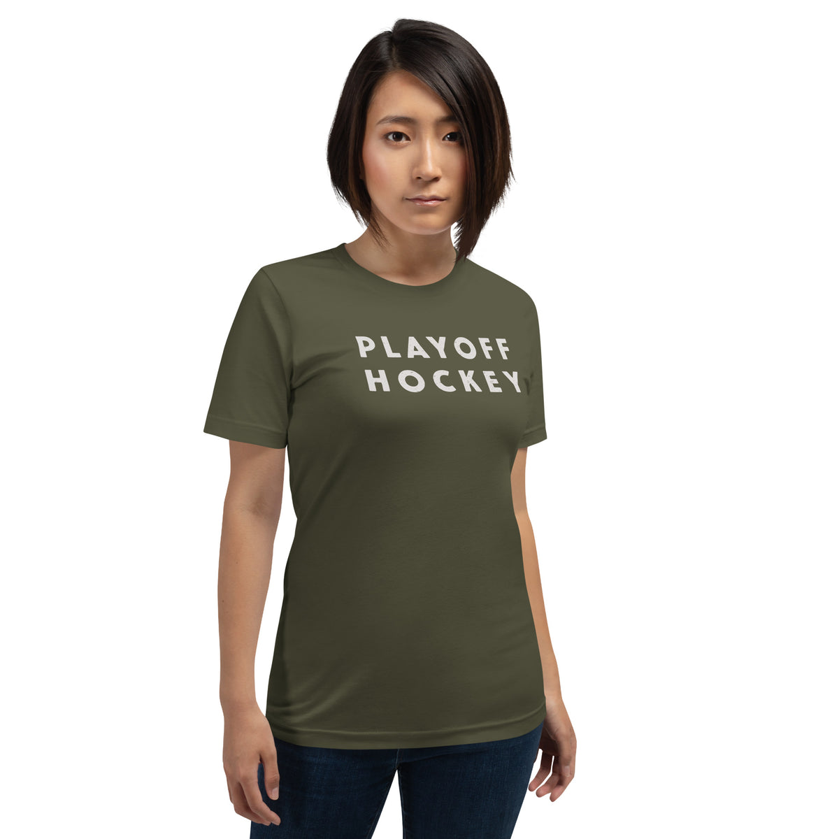 "Playoff Hockey" in simple retro athletic lettering, printed on a SodaPop Cool t-shirt.