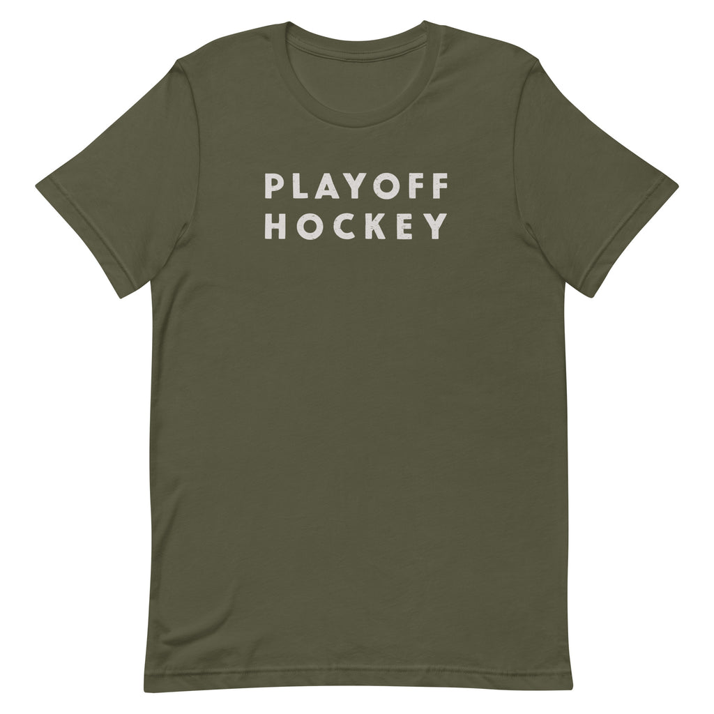 "Playoff Hockey" in simple retro athletic lettering, printed on a SodaPop Cool t-shirt.