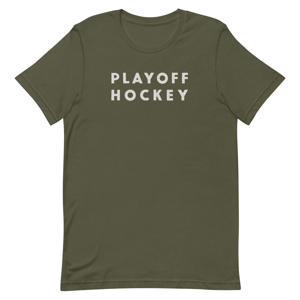 "Playoff Hockey" in simple retro athletic lettering, printed on a SodaPop Cool t-shirt.