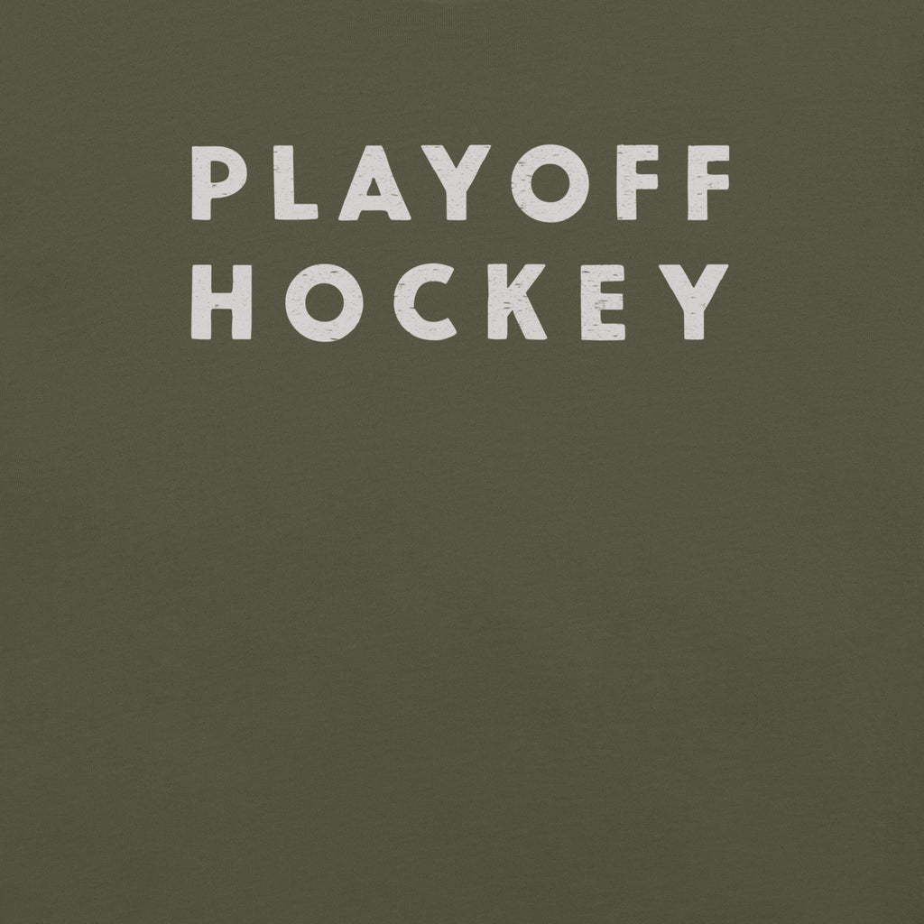 "Playoff Hockey" in simple retro athletic lettering, printed on a SodaPop Cool t-shirt.