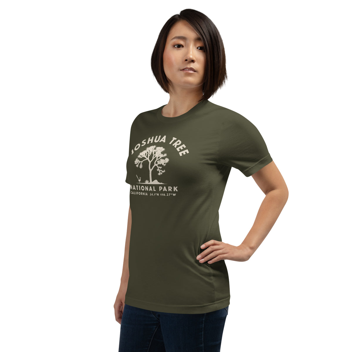 Joshua tree and a desert bird in classic national park styling, printed on a SodaPop Cool t-shirt.