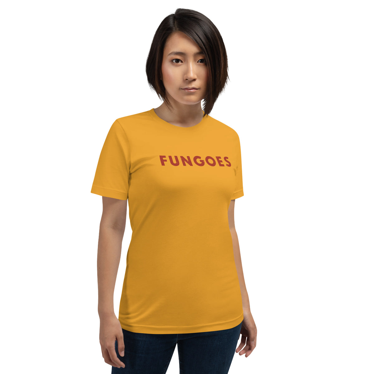 "Fungoes" in simple vintage baseball lettering, printed on a SodaPop Cool t-shirt.