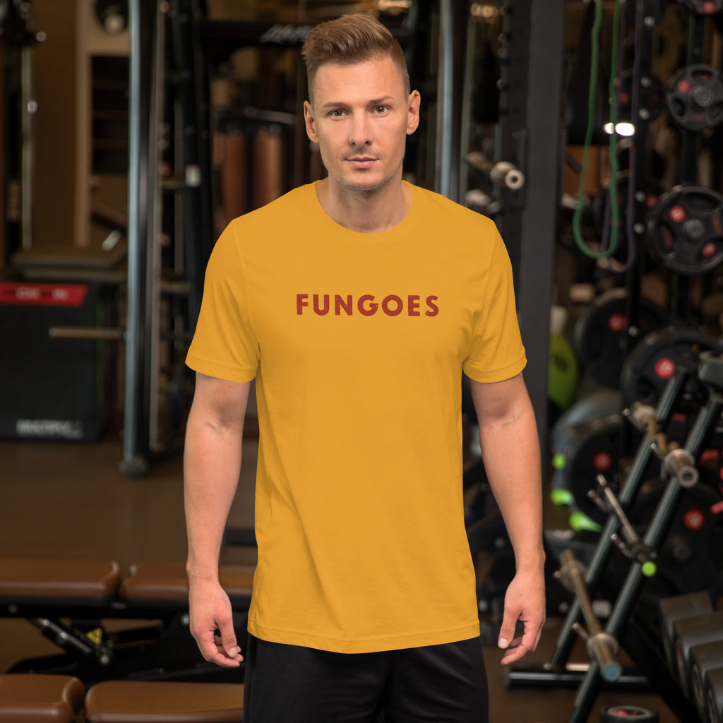 "Fungoes" in simple vintage baseball lettering, printed on a SodaPop Cool t-shirt.