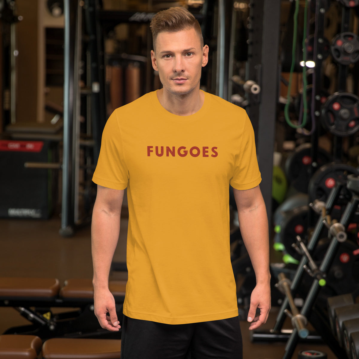 "Fungoes" in simple vintage baseball lettering, printed on a SodaPop Cool t-shirt.