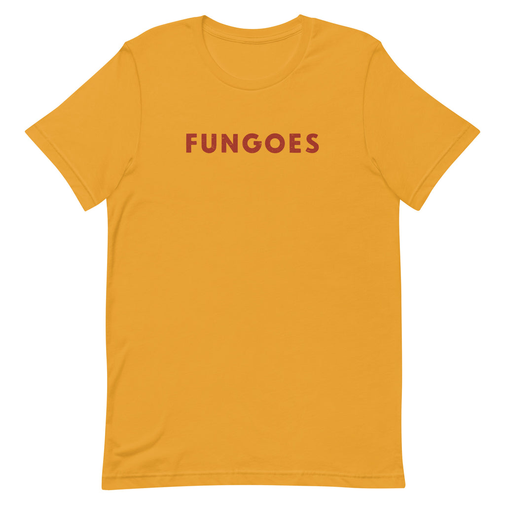 "Fungoes" in simple vintage baseball lettering, printed on a SodaPop Cool t-shirt.