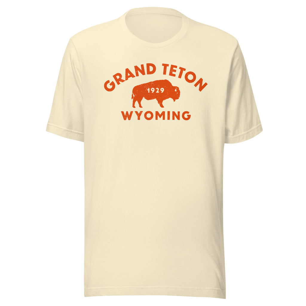 Bison in front of Grand Teton rock formations, vintage national park poster styling, printed on a SodaPop Cool t-shirt.
