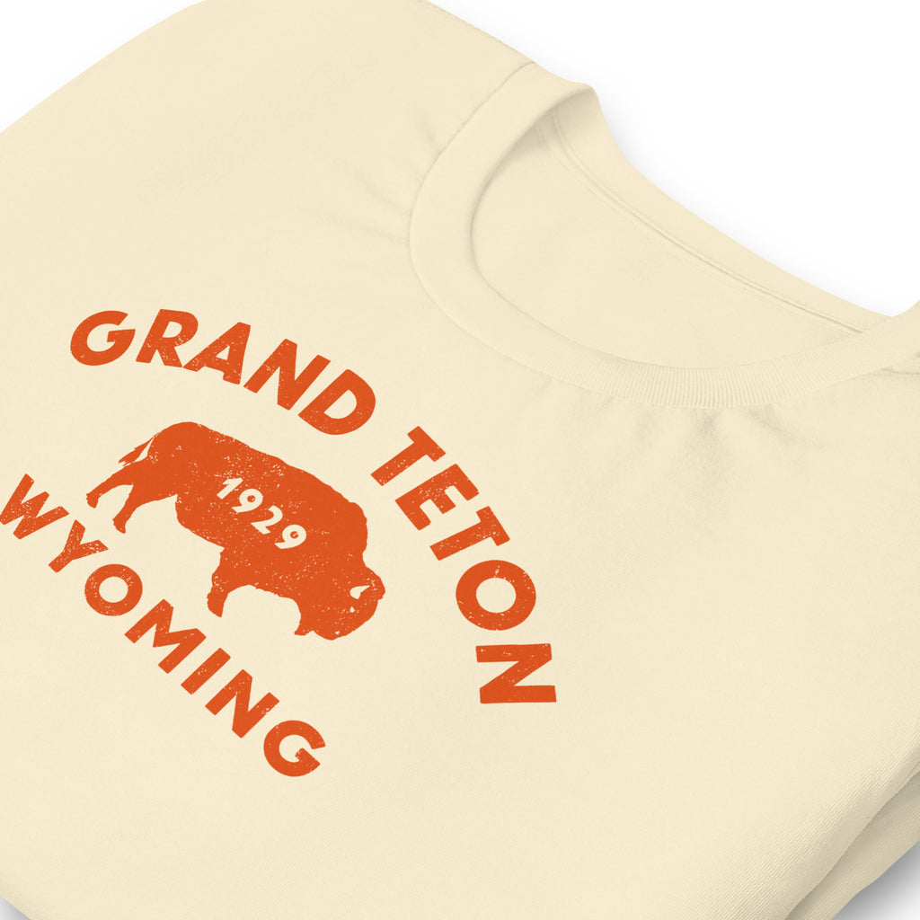Bison in front of Grand Teton rock formations, vintage national park poster styling, printed on a SodaPop Cool t-shirt.