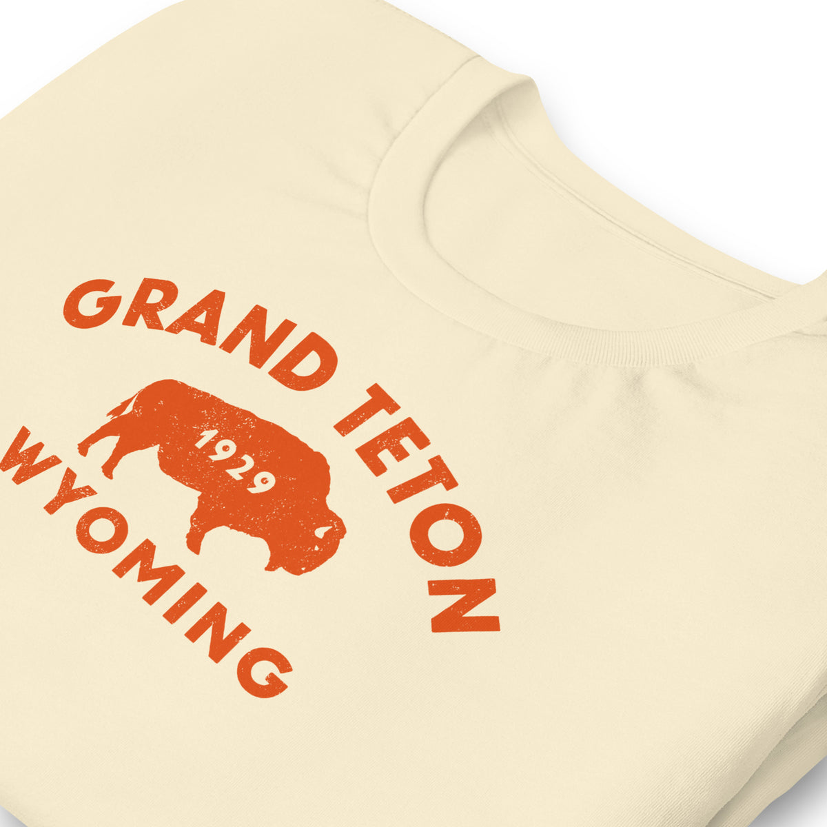 Bison in front of Grand Teton rock formations, vintage national park poster styling, printed on a SodaPop Cool t-shirt.