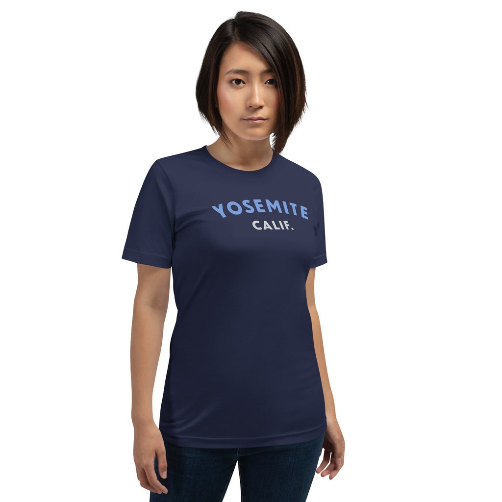 "Yosemite National Park" in vintage park-service lettering, printed on a SodaPop Cool t-shirt.
