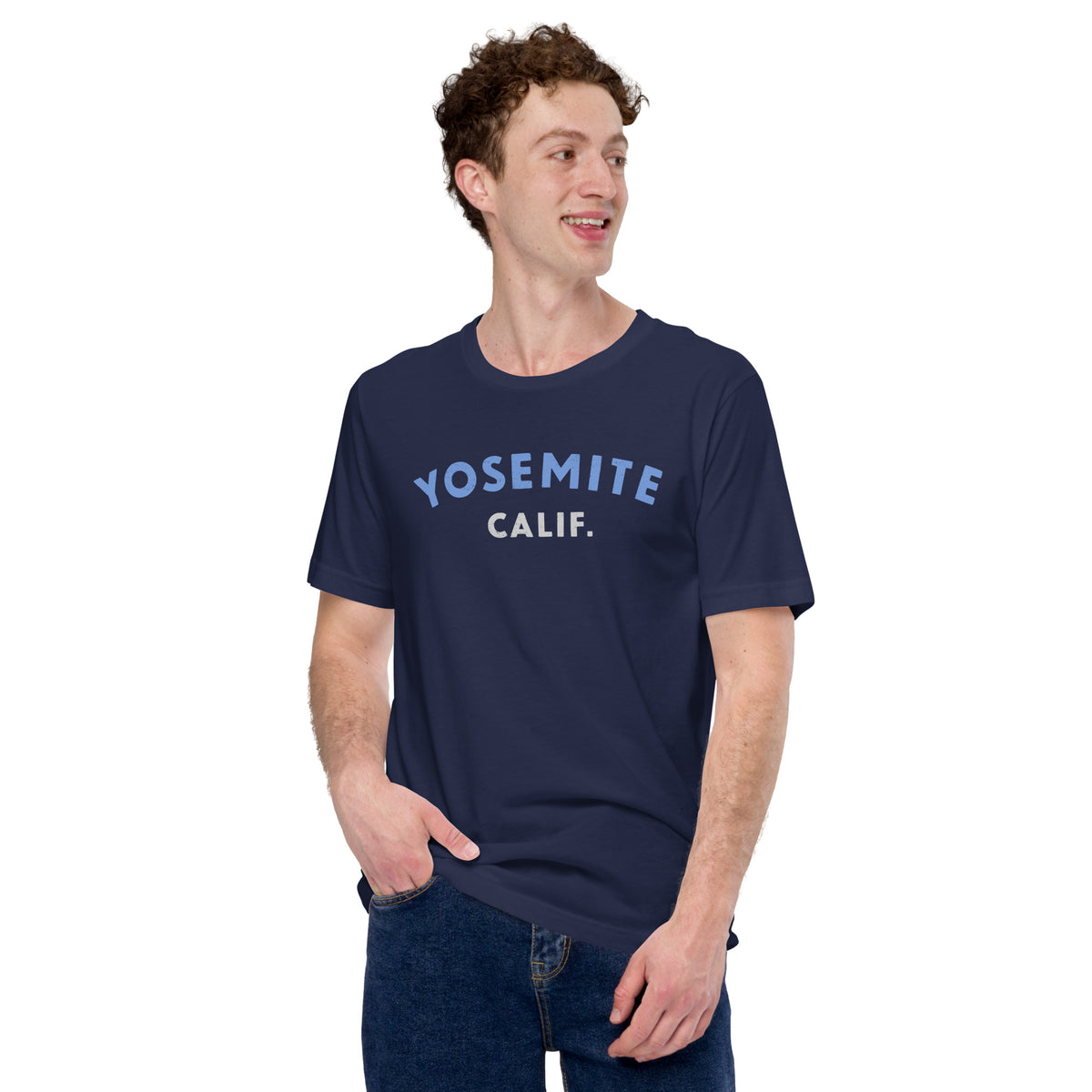 "Yosemite National Park" in vintage park-service lettering, printed on a SodaPop Cool t-shirt.