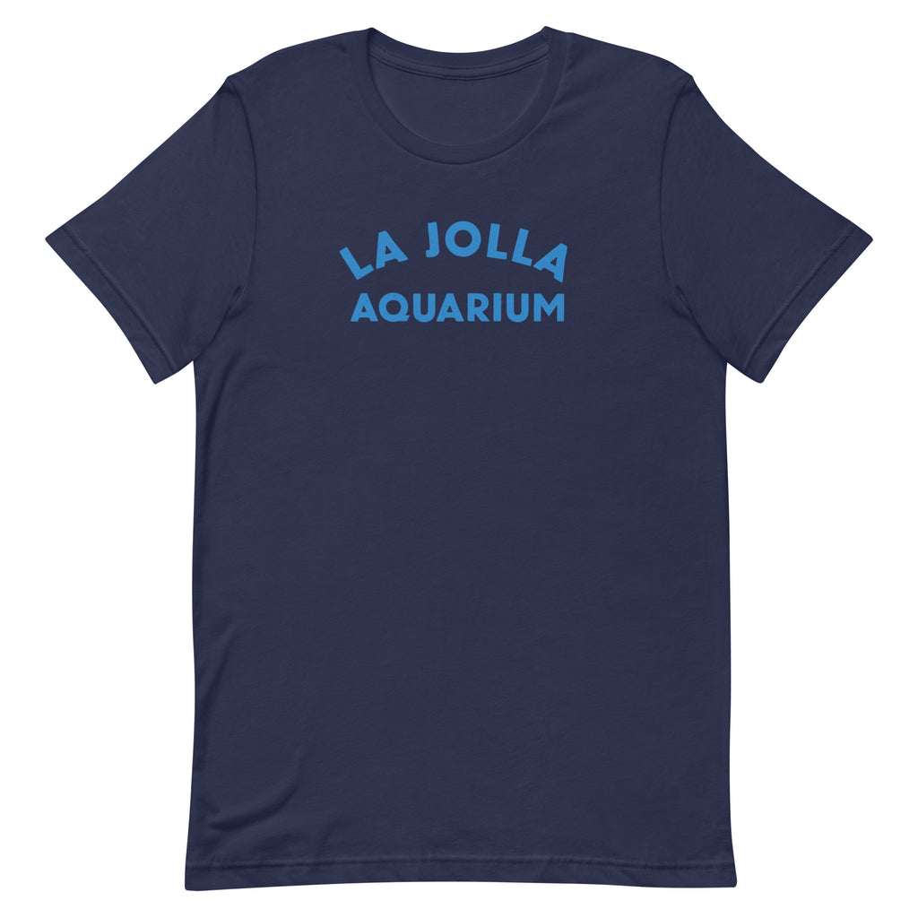 "La Jolla Aquarium" in classic vintage type, printed on a SodaPop Cool t-shirt.