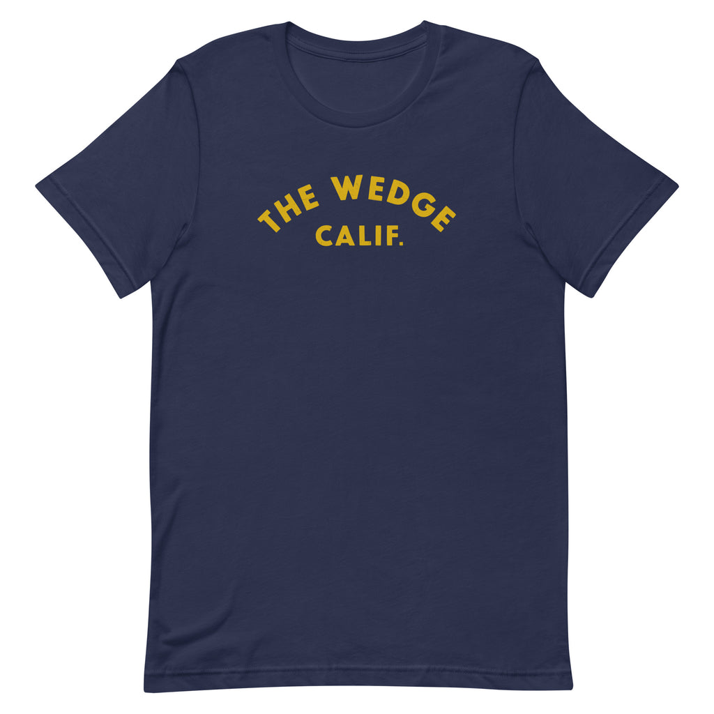 "The Wedge" in classic California surf lettering, printed on a SodaPop Cool t-shirt.