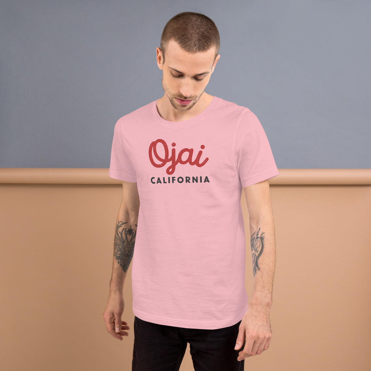 "Ojai California" in classic vintage lettering, printed on a SodaPop Cool t-shirt.