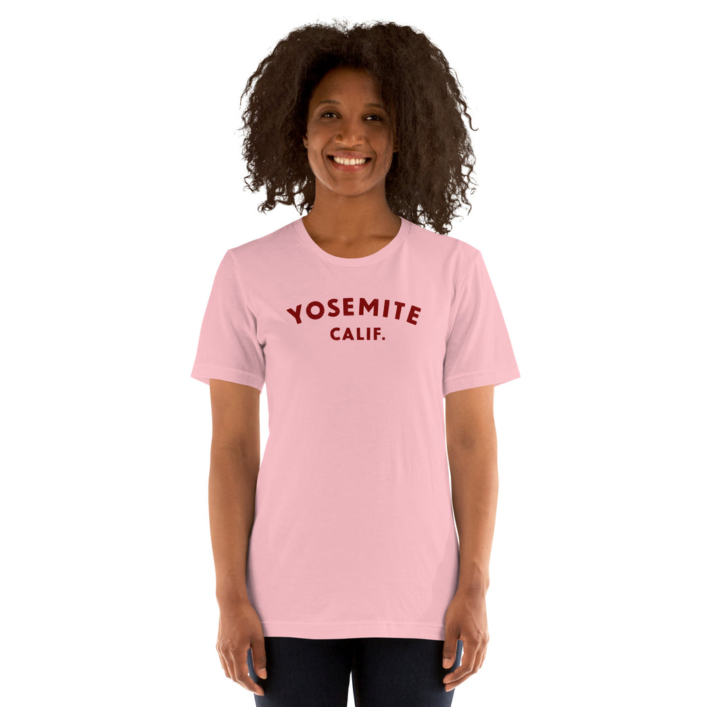 "Yosemite National Park" in vintage park-service lettering, printed on a SodaPop Cool t-shirt.