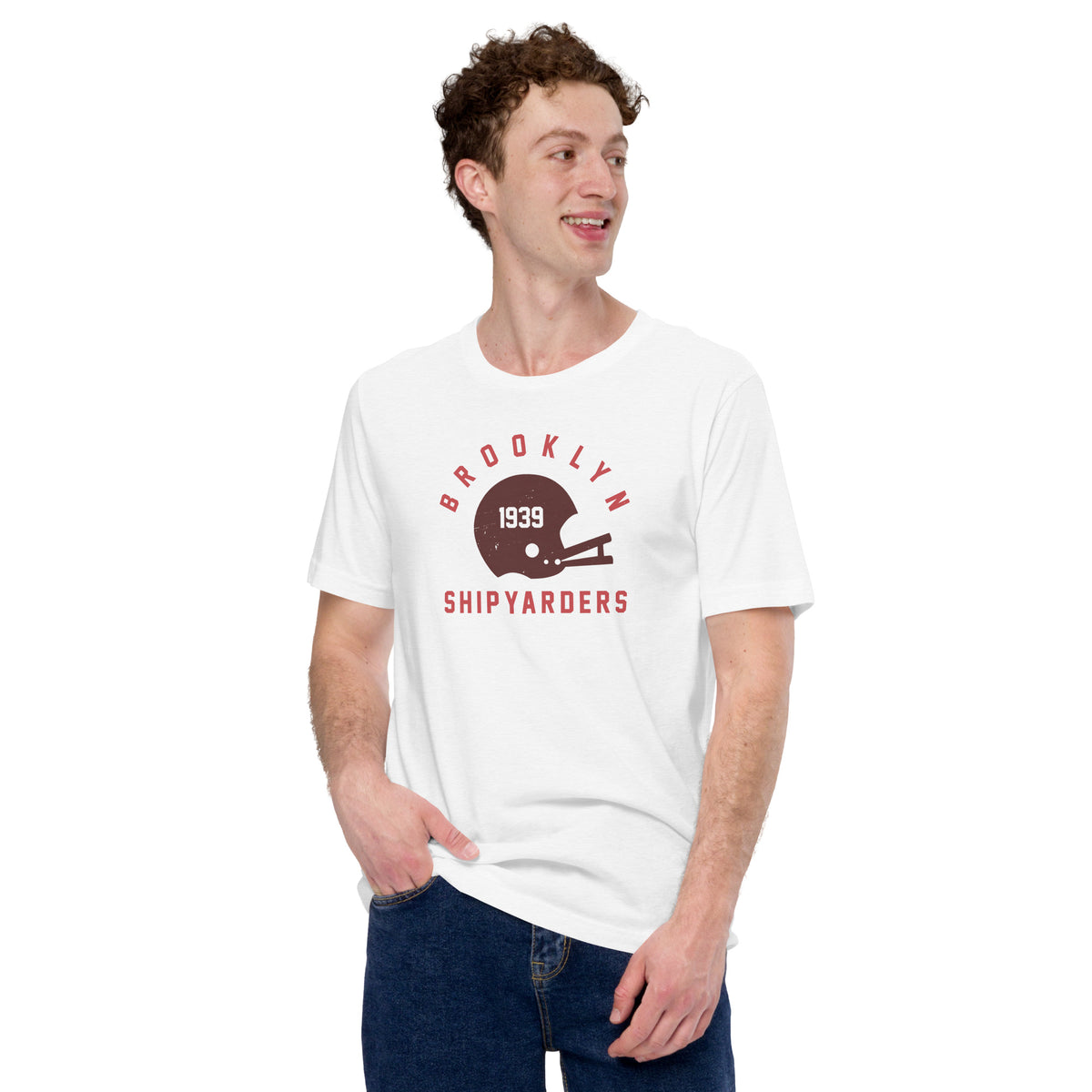 Vintage leather football helmet with "Brooklyn Shipyarders 1939", printed on a SodaPop Cool t-shirt.