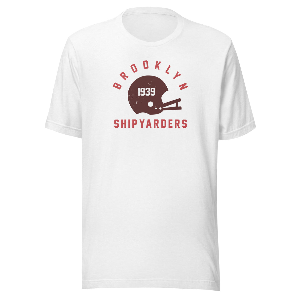 Vintage leather football helmet with "Brooklyn Shipyarders 1939", printed on a SodaPop Cool t-shirt.