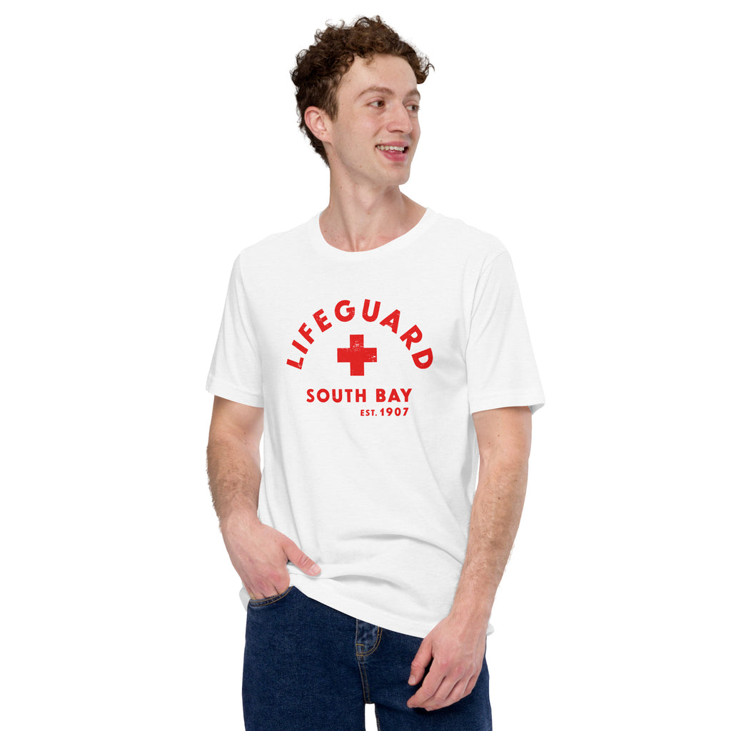 Lifeguard South Bay California 1907 vintage graphic, printed on a SodaPop Cool t-shirt.