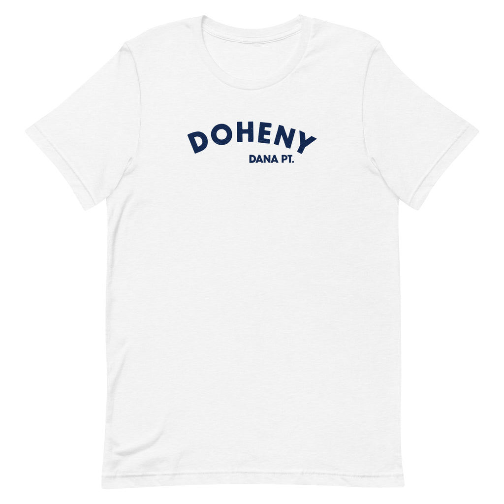 "Doheny Dana Point" in vintage California surf lettering, printed on a SodaPop Cool t-shirt.