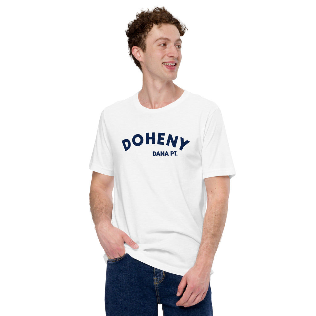 "Doheny Dana Point" in vintage California surf lettering, printed on a SodaPop Cool t-shirt.