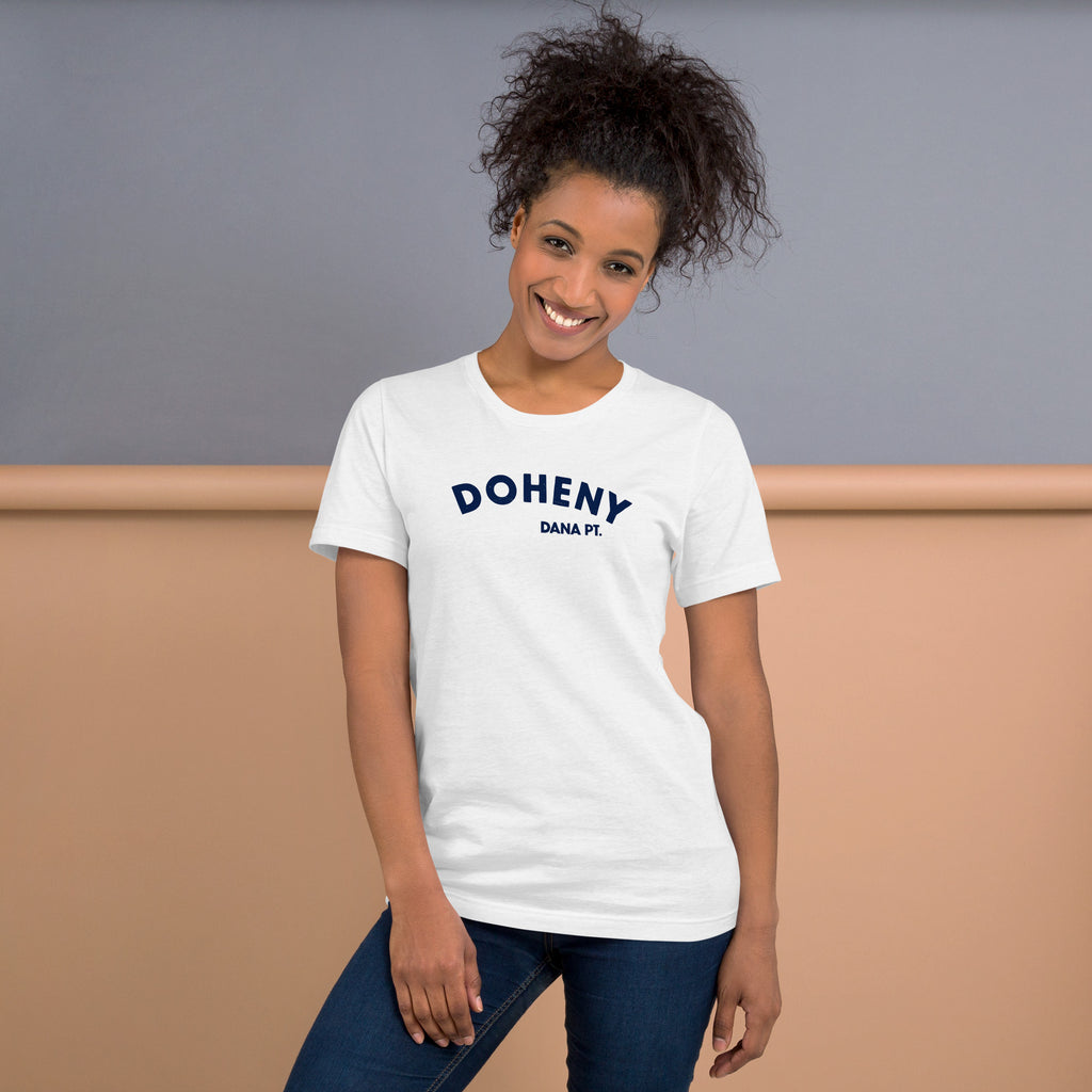 "Doheny Dana Point" in vintage California surf lettering, printed on a SodaPop Cool t-shirt.