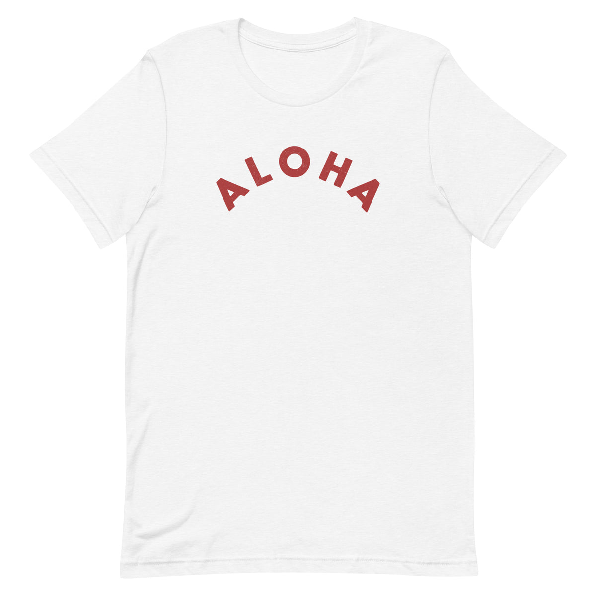 "Aloha" in clean vintage Hawaiian lettering, printed on a SodaPop Cool t-shirt.