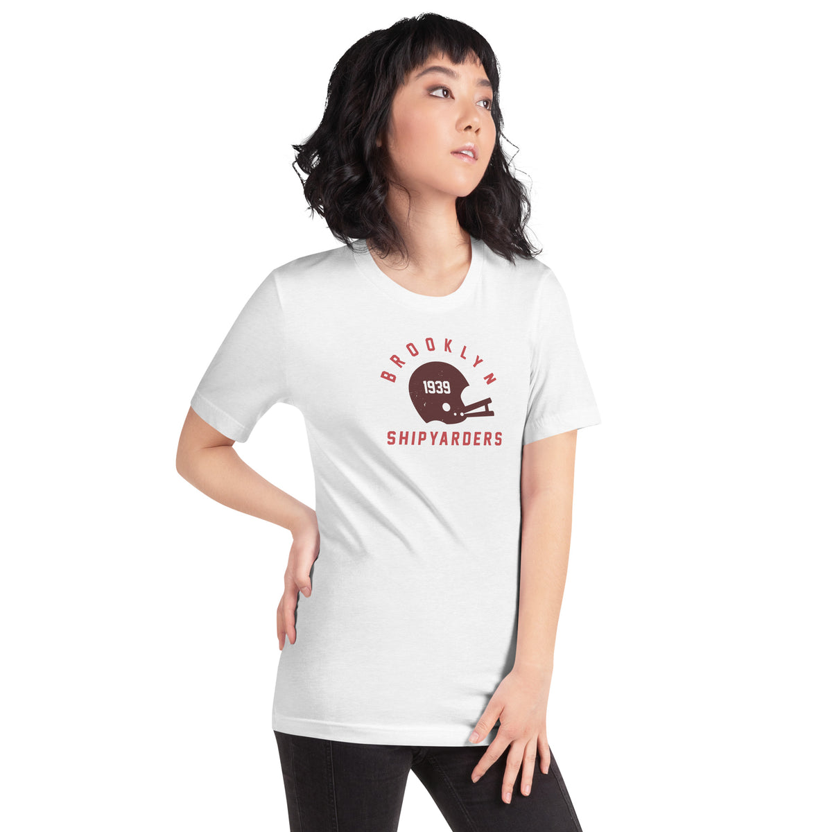 Vintage leather football helmet with "Brooklyn Shipyarders 1939", printed on a SodaPop Cool t-shirt.