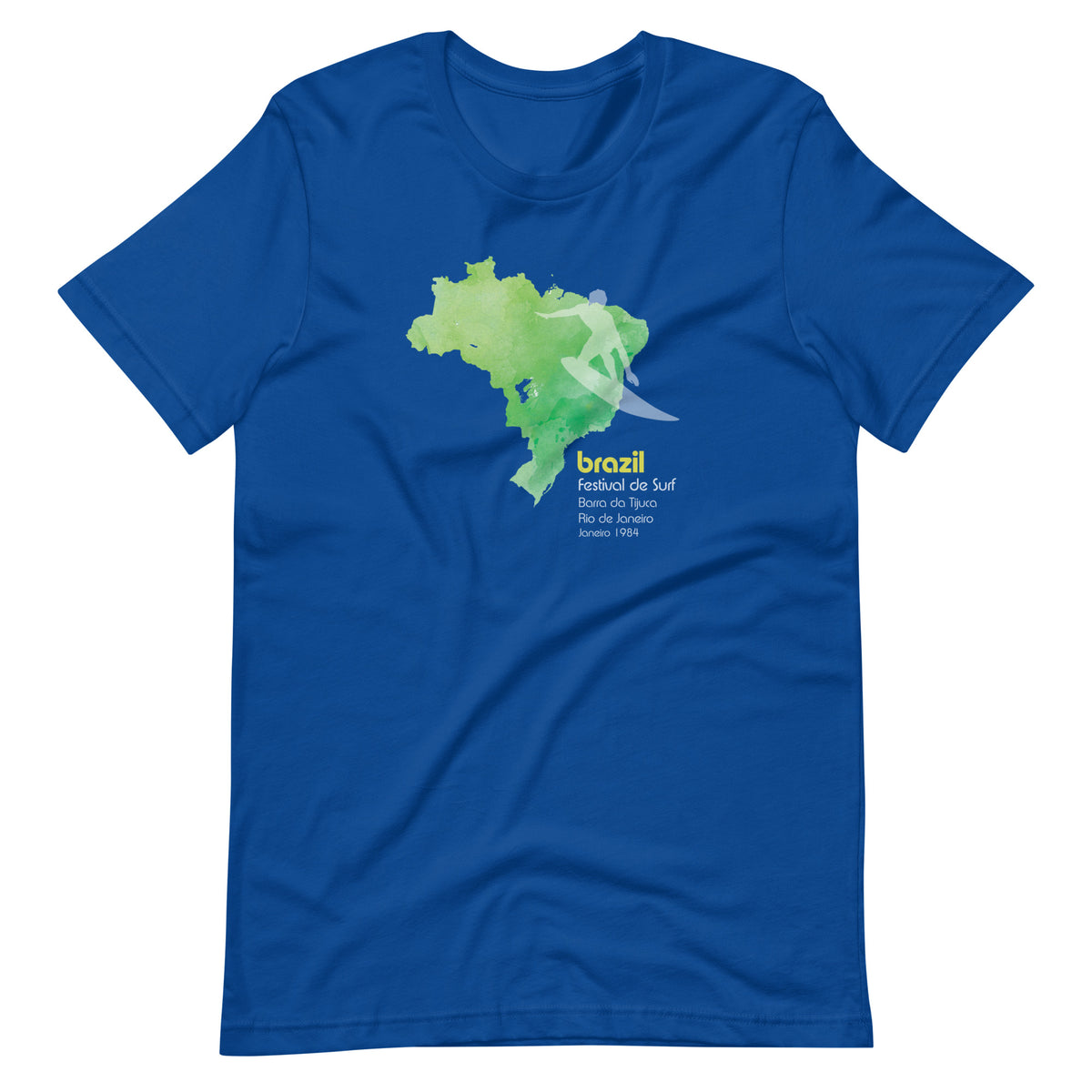 Brazil country outline with a surfer figure and "1984", vintage surf festival poster styling, printed on a SodaPop Cool t-shirt.