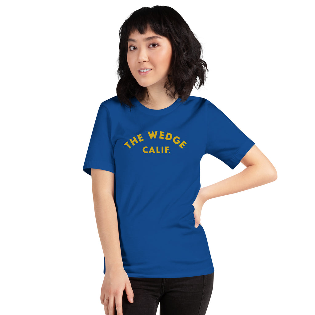 "The Wedge" in classic California surf lettering, printed on a SodaPop Cool t-shirt.