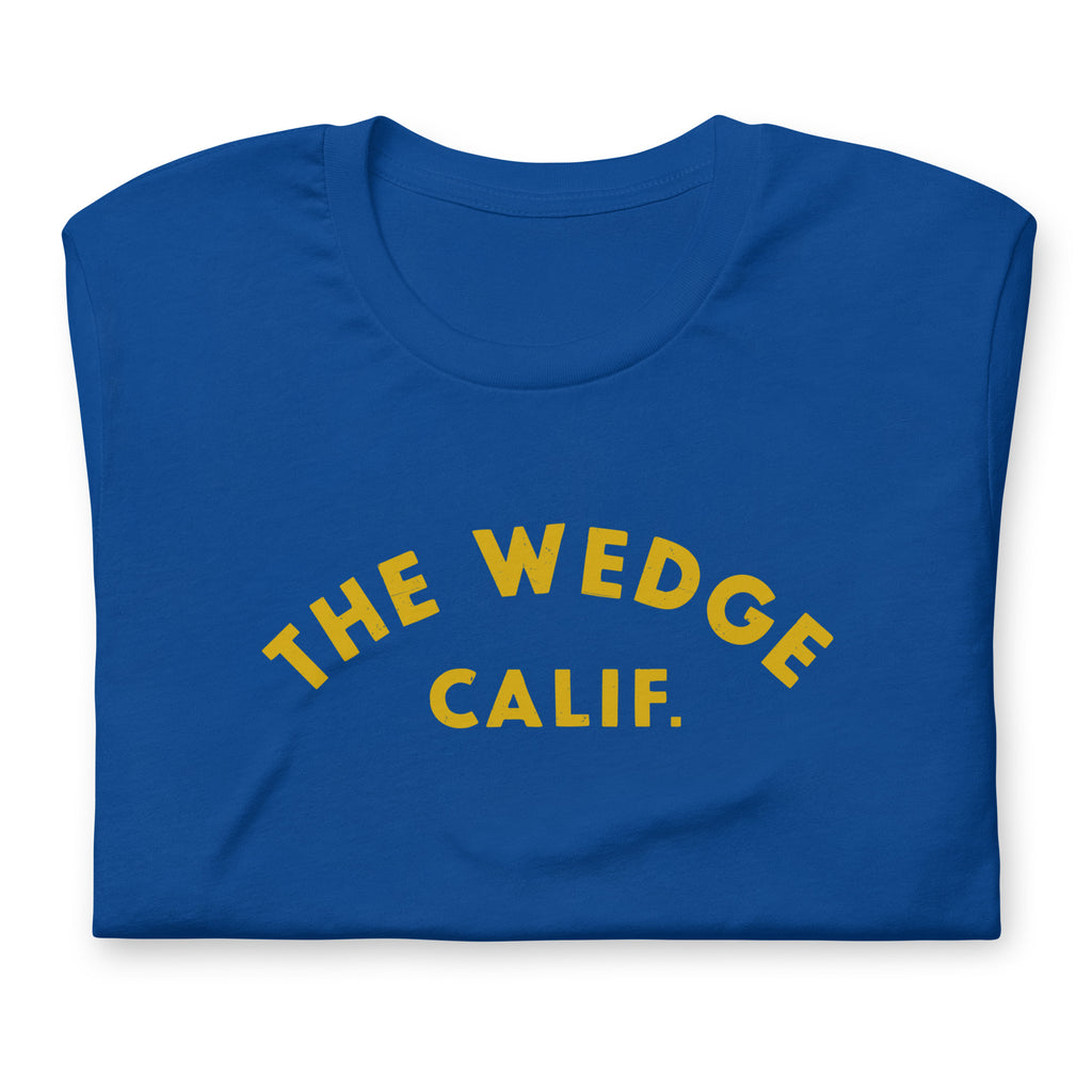 "The Wedge" in classic California surf lettering, printed on a SodaPop Cool t-shirt.