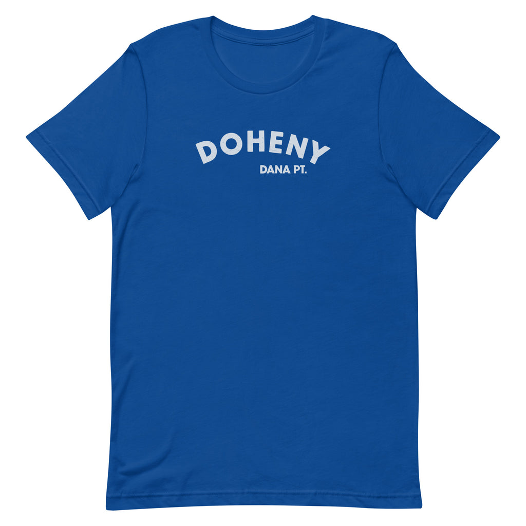 "Doheny Dana Point" in vintage California surf lettering, printed on a SodaPop Cool t-shirt.