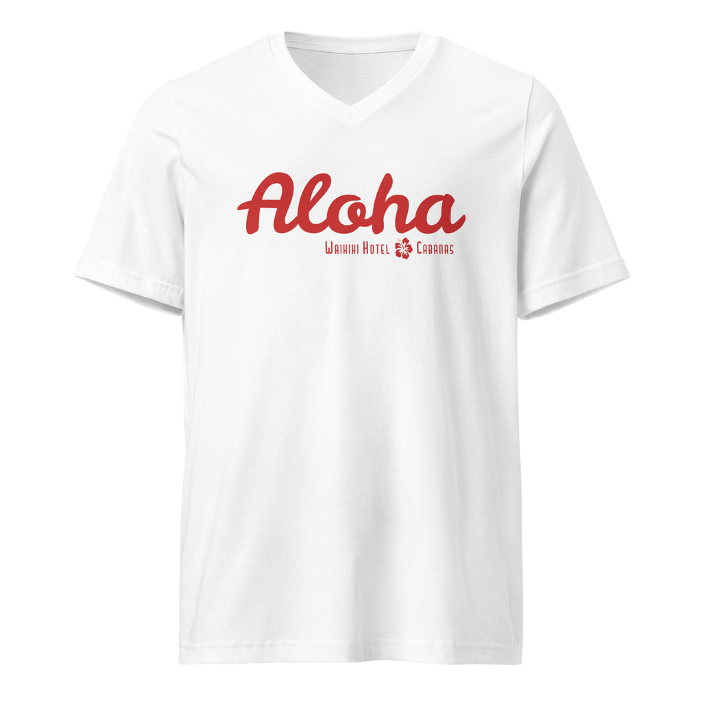"Waikiki Hotel &amp; Cabanas" in vintage Hawaiian resort lettering, printed on a SodaPop Cool v-neck t-shirt.