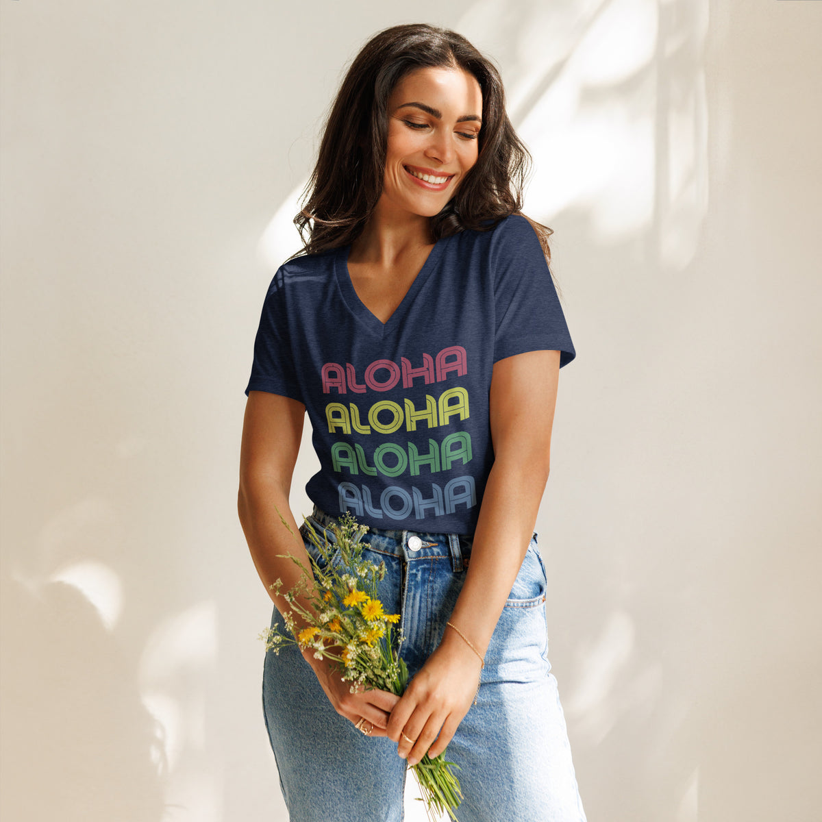 Aloha Hawaii Colors x 4 vintage graphic, printed on a SodaPop Cool v-neck t-shirt.
