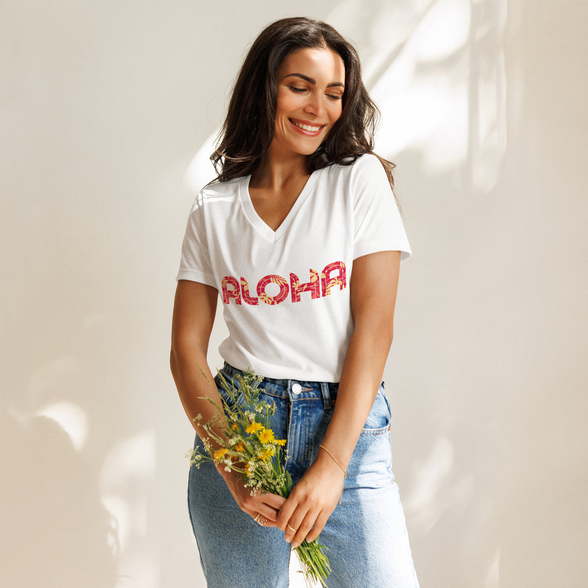 Aloha Hawaii Flowers Print vintage graphic, printed on a SodaPop Cool v-neck t-shirt.