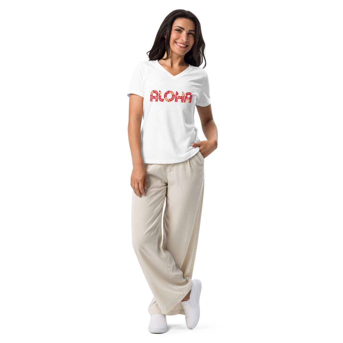 Aloha Hawaii Flowers Print vintage graphic, printed on a SodaPop Cool v-neck t-shirt.