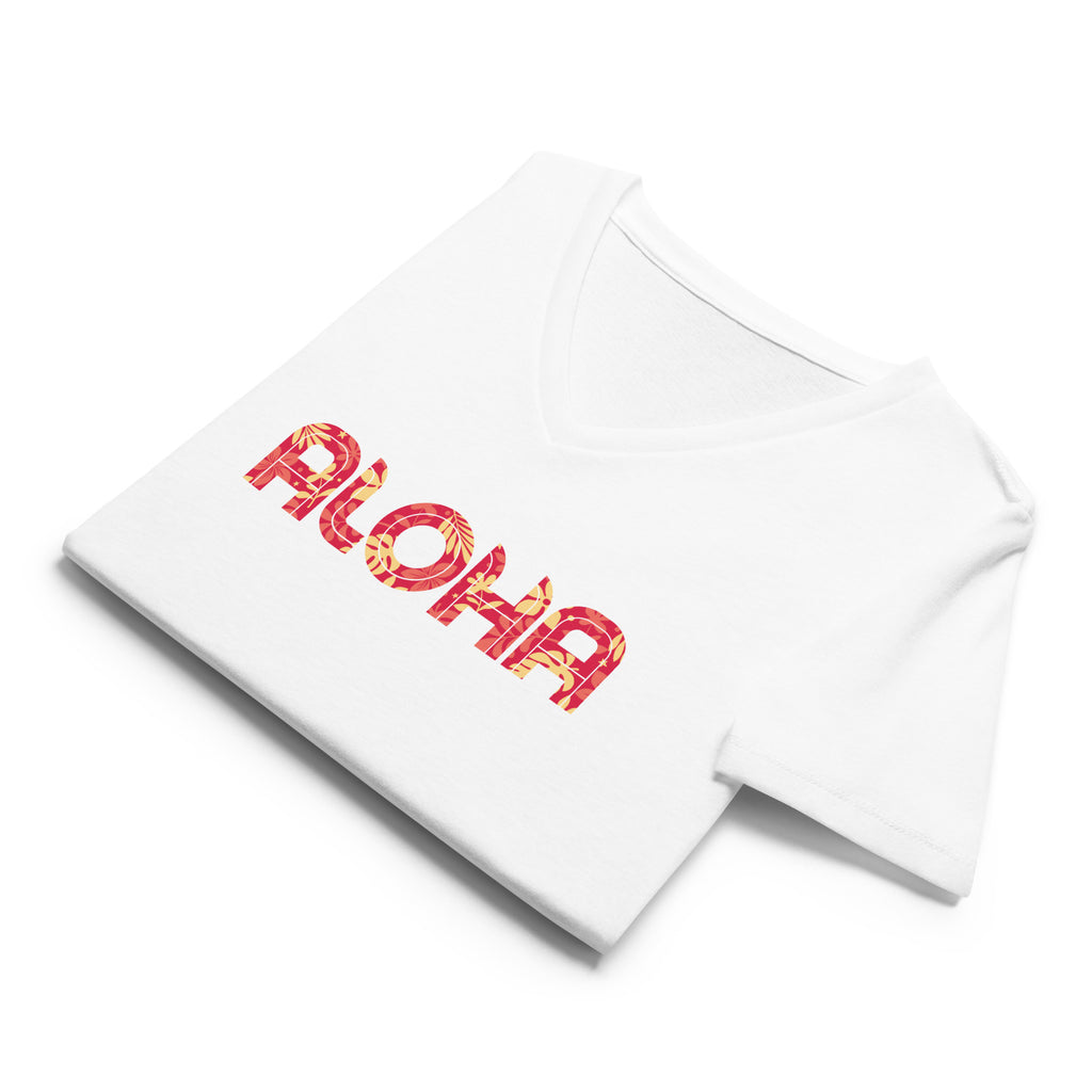 Aloha Hawaii Flowers Print vintage graphic, printed on a SodaPop Cool v-neck t-shirt.