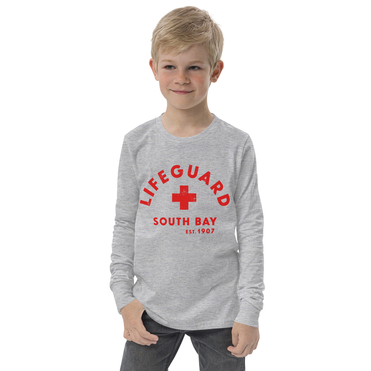 Lifeguard South Bay California 1907 vintage graphic, printed on a SodaPop Cool long sleeve tee.