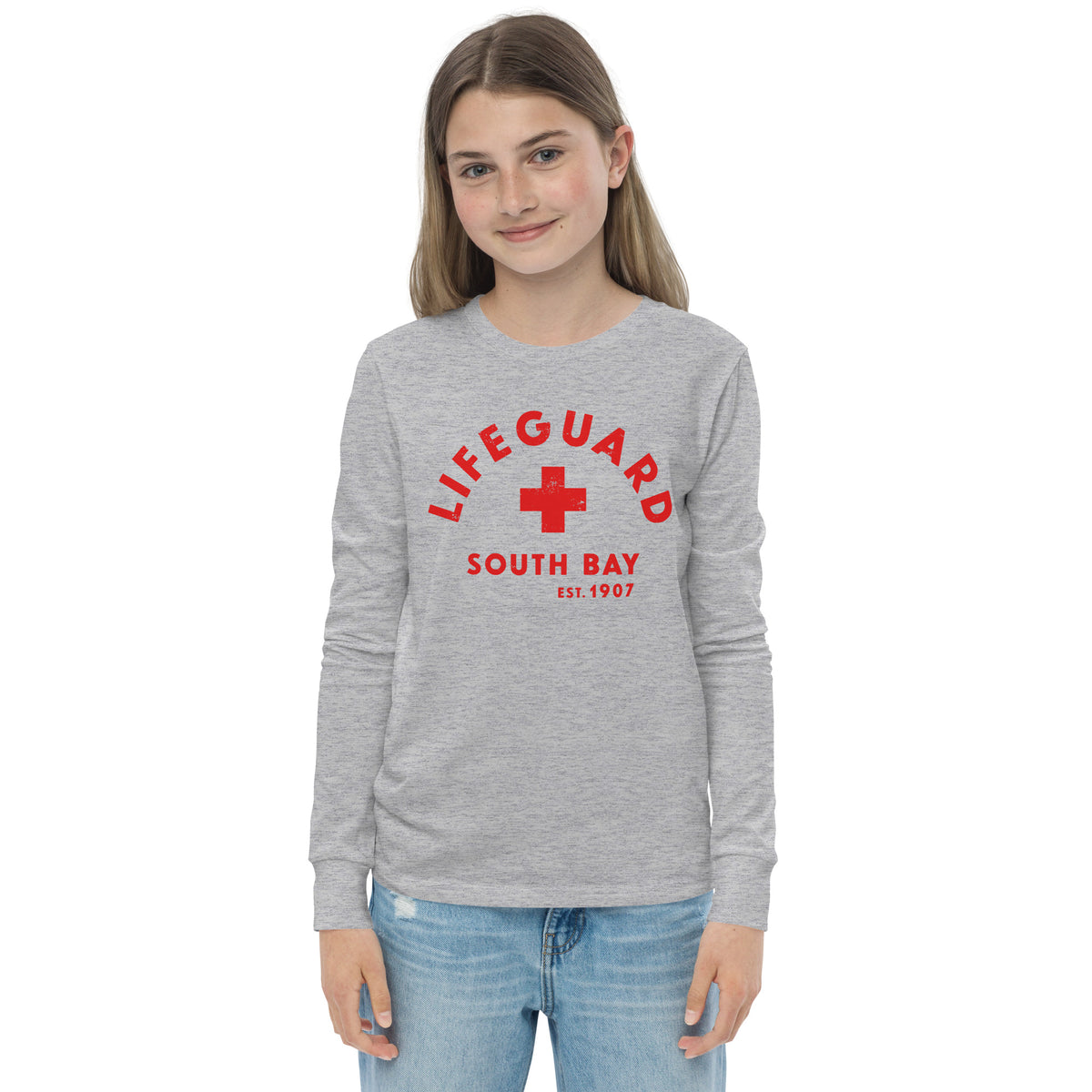 Lifeguard South Bay California 1907 vintage graphic, printed on a SodaPop Cool long sleeve tee.