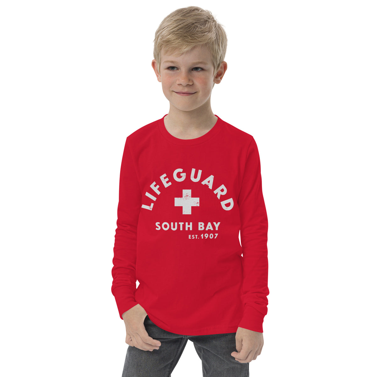 Lifeguard South Bay California 1907 vintage graphic, printed on a SodaPop Cool long sleeve tee.