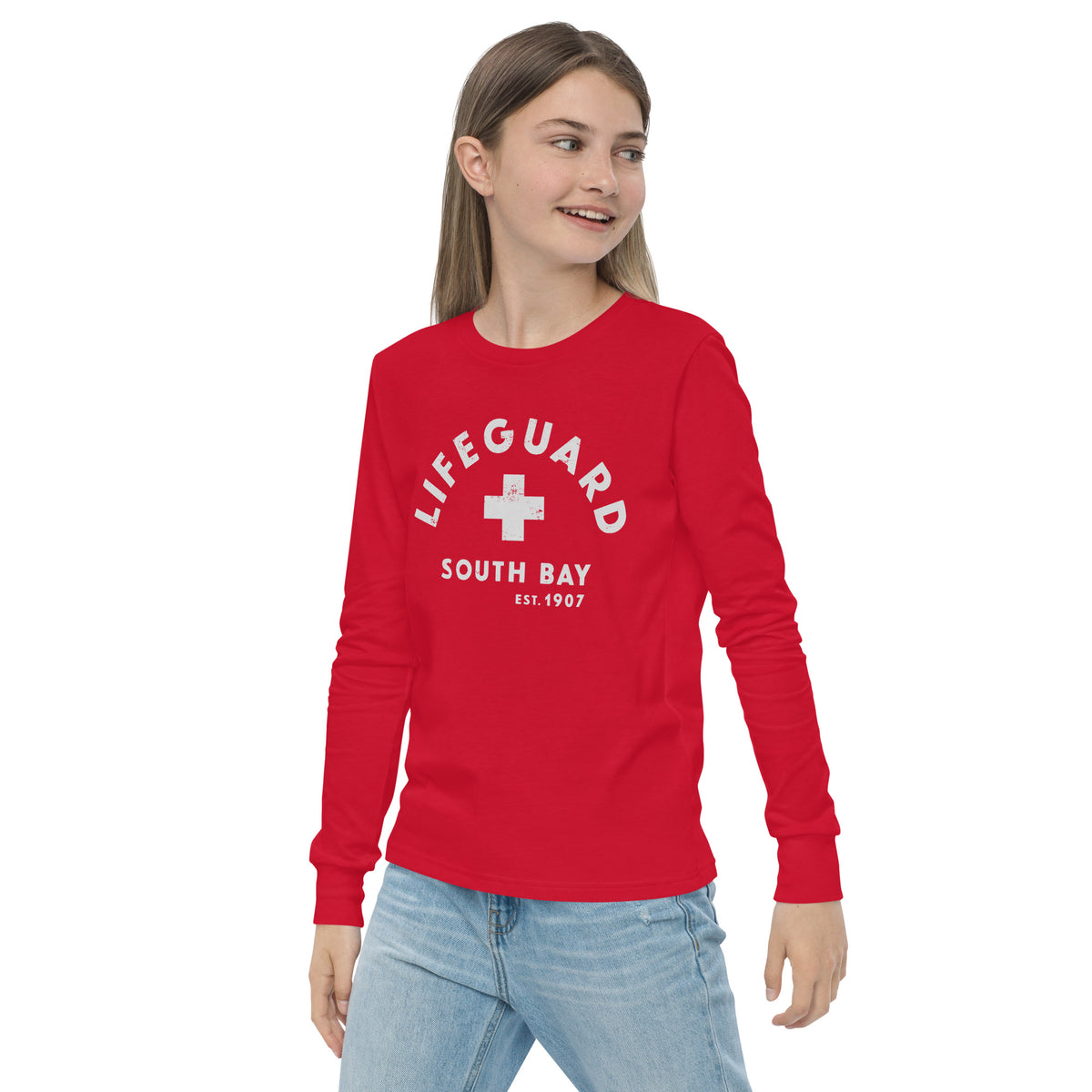Lifeguard South Bay California 1907 vintage graphic, printed on a SodaPop Cool long sleeve tee.