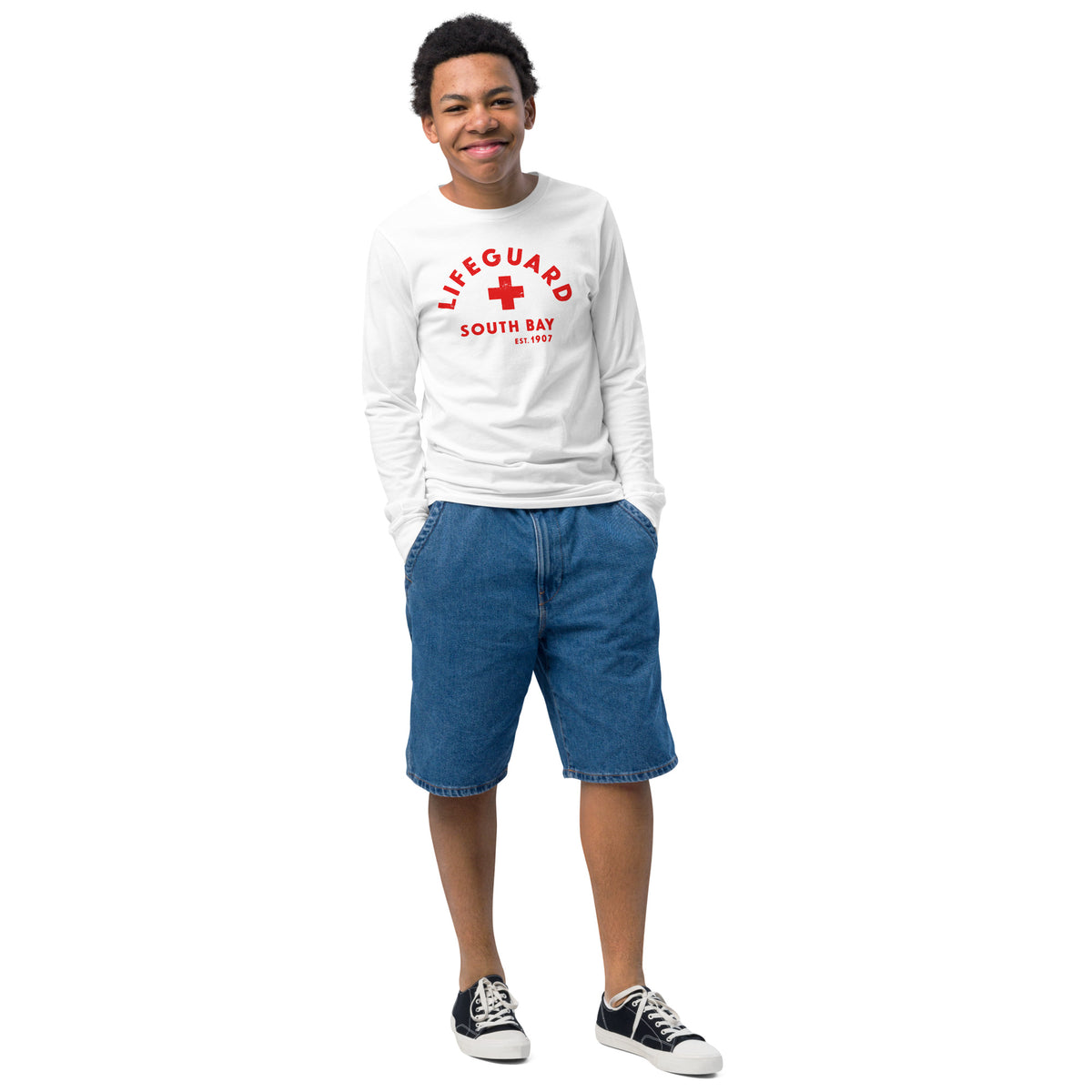 Lifeguard South Bay California 1907 vintage graphic, printed on a SodaPop Cool long sleeve tee.