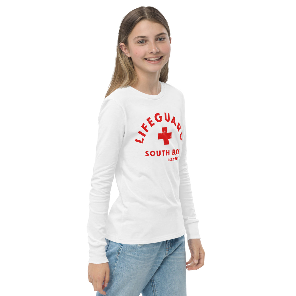 Lifeguard South Bay California 1907 vintage graphic, printed on a SodaPop Cool long sleeve tee.