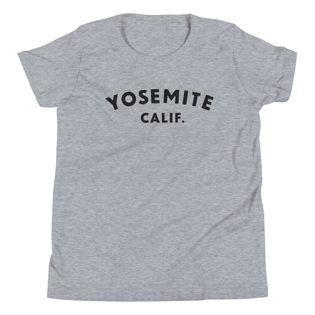 "Yosemite National Park" in vintage park-service lettering, printed on a SodaPop Cool kids t-shirt.