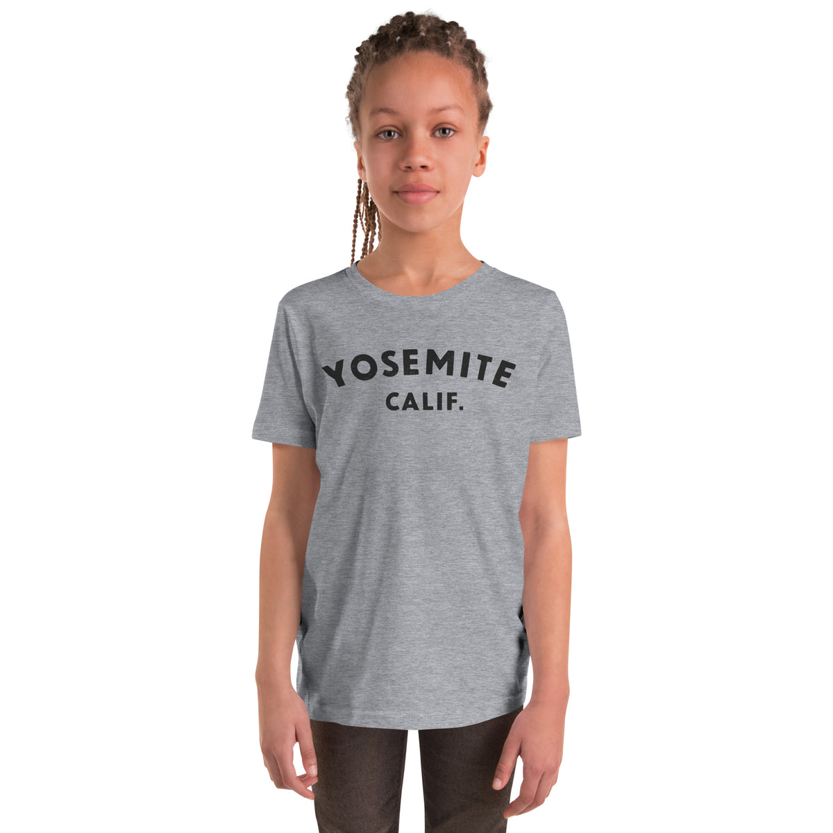 "Yosemite National Park" in vintage park-service lettering, printed on a SodaPop Cool kids t-shirt.