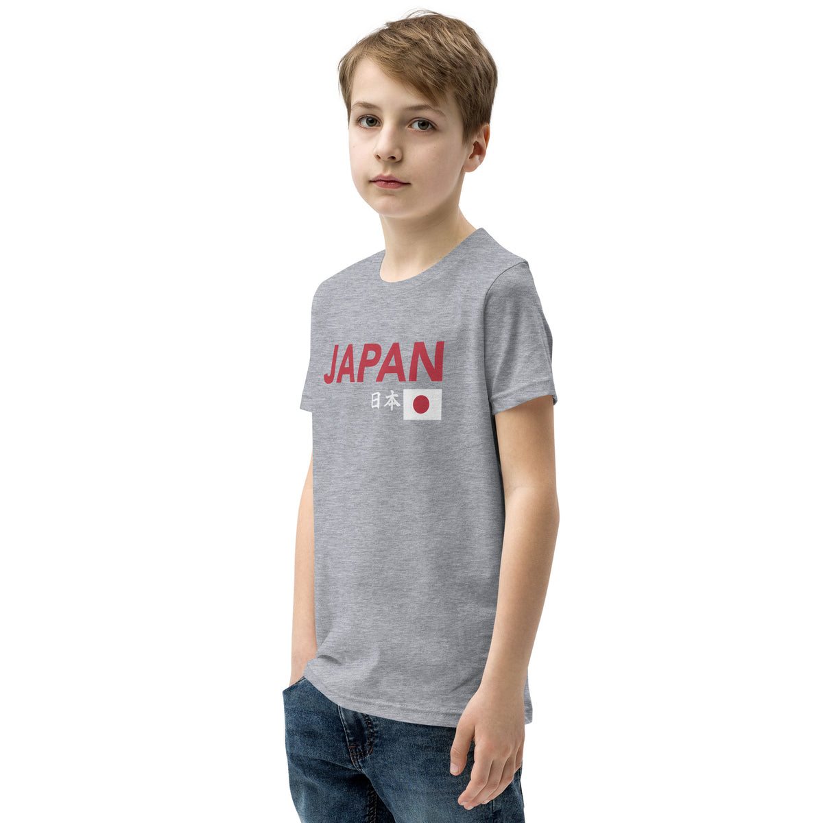 Japanese flag with "Japan" in both Japanese and English classic type, printed on a SodaPop Cool kids t-shirt.